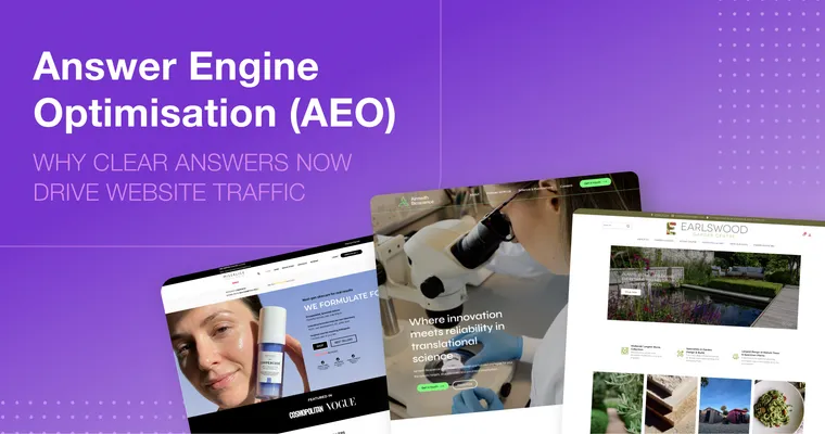 Purple background graphic showing three 2Cubed website project homepages with text explaining Answer Engine Optimisation and how clear answers drive website traffic.
