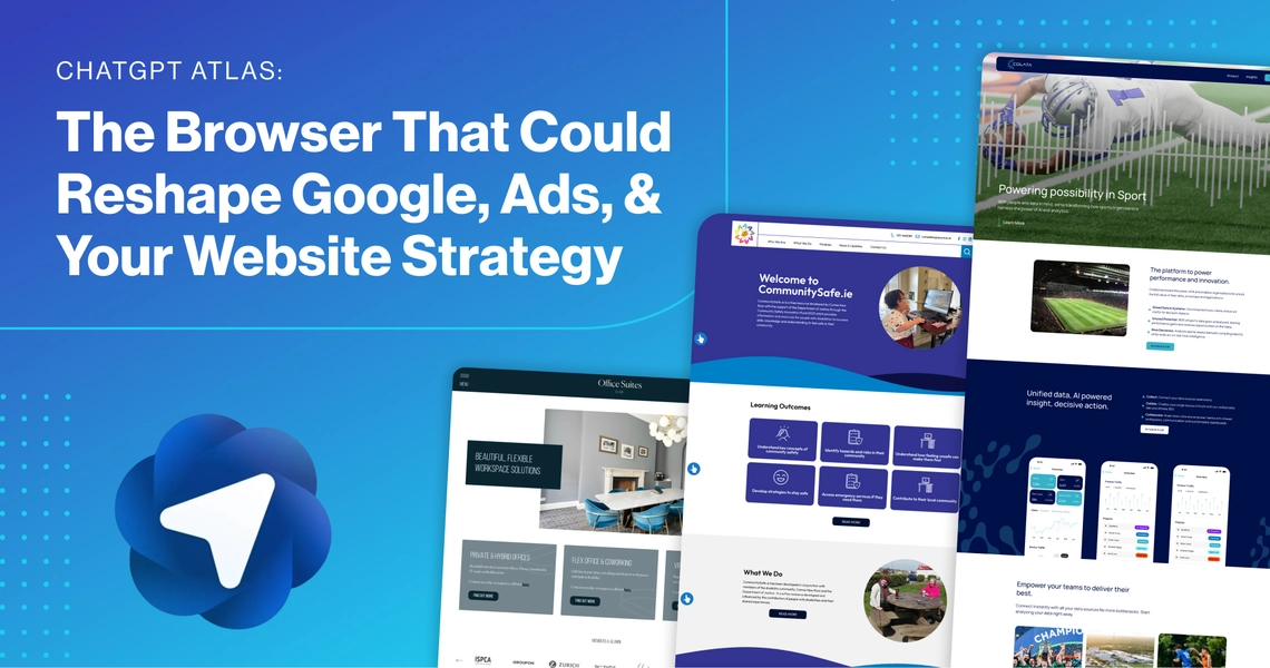 2Cubed_Blog_ChatGPT Atlas (1) Graphic titled ‘ChatGPT Atlas: The browser that could reshape Google, ads, and your website strategy’ on a blue background featuring completed web design projects.