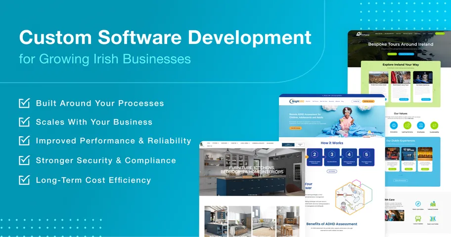 Blue graphic showing multiple project homepages with the text “Custom software development for growing Irish businesses”.
