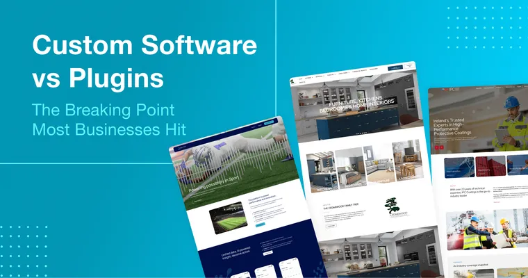 Blue background with text reading 'Custom software vs plugins,' showing a comparison of software approaches.