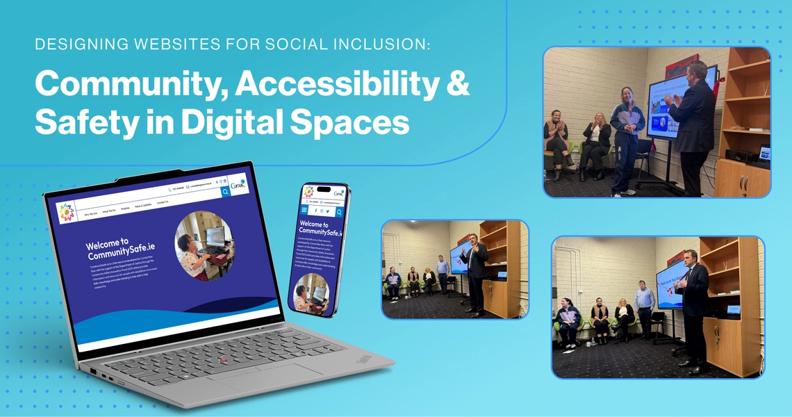 Website and launch event images for Community Safe, highlighting inclusive web design.