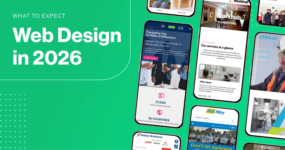 Green background with mobile phones displaying 2Cubed web design projects and headline text reading ‘What to Expect: Web Design in 2026.