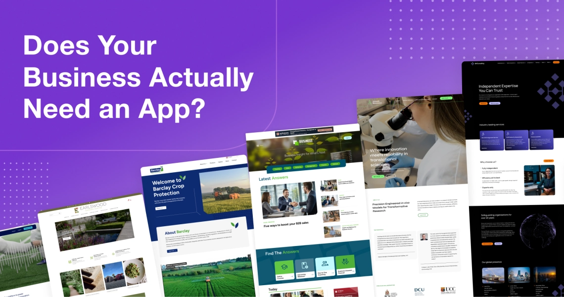 Purple background graphic with the headline “Does Your Business Actually Need an App?” featuring website project homepage designs.