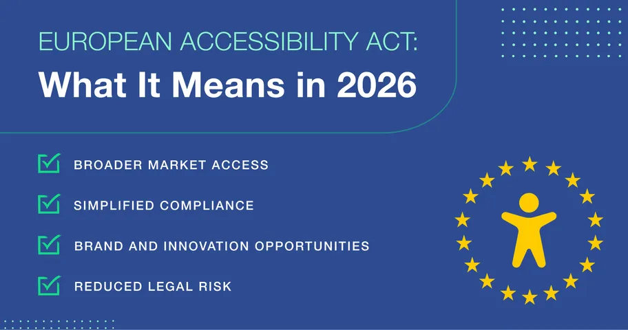 Blue background graphic highlighting “European Accessibility Act: What Businesses Need to Know in 2026” with key business benefits listed.