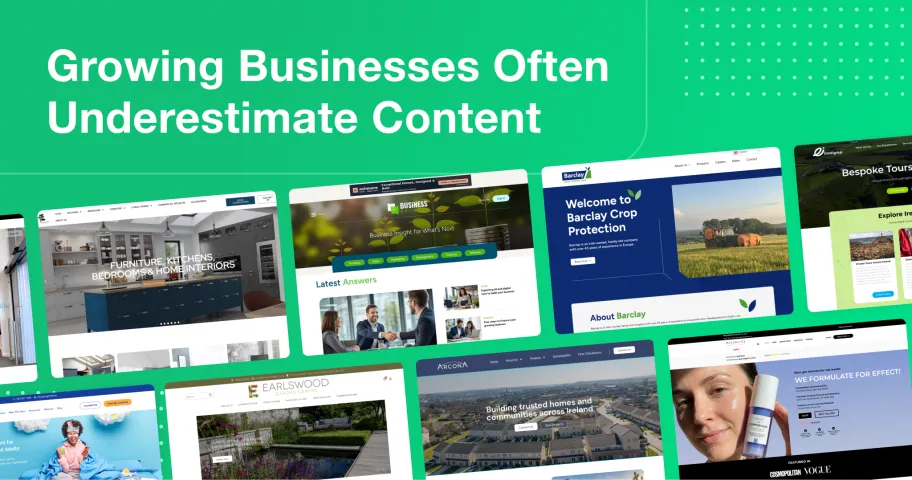 Green background graphic with the headline “Growing Businesses Often Underestimate Content,” featuring website project homepage designs.