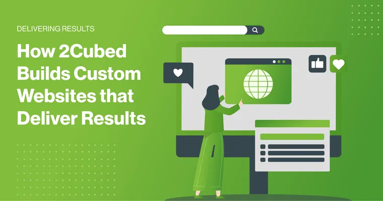 2Cubed_Blog_How 2Cubed Builds Custom Websites that Deliver Results Cartoon illustration of a person working on multiple screens, representing custom website development at 2Cubed.