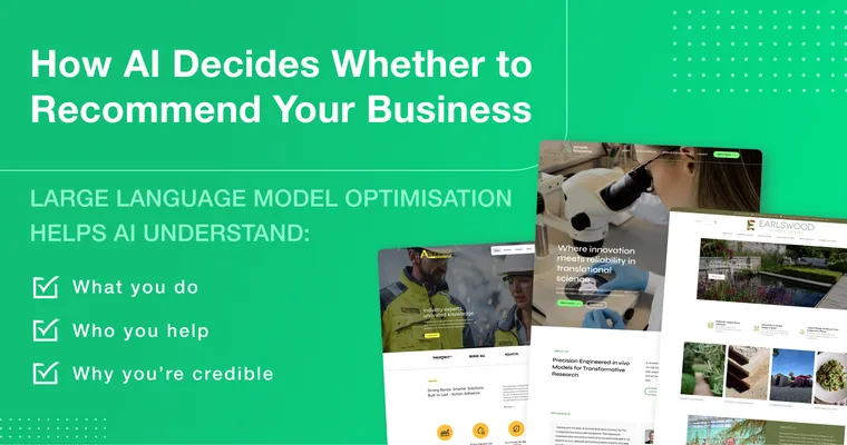 Green background graphic showing project homepages with the headline “How AI decides whether to recommend your business”.