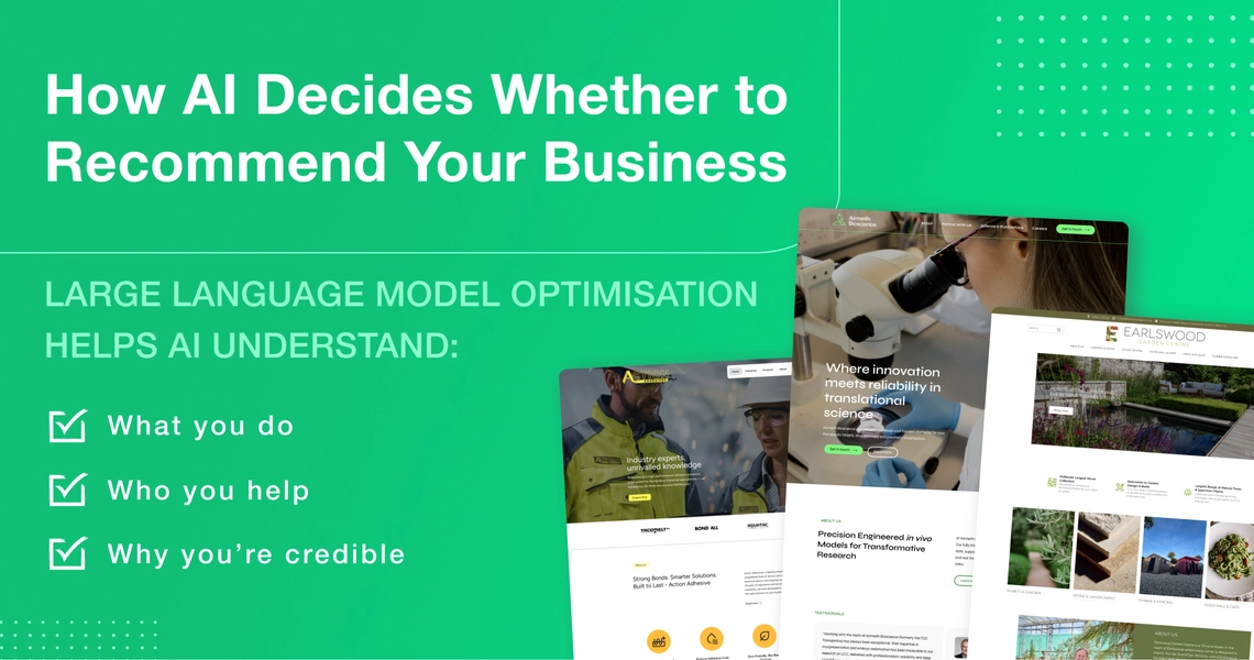 Green background graphic showing project homepages with the headline “How AI decides whether to recommend your business”.