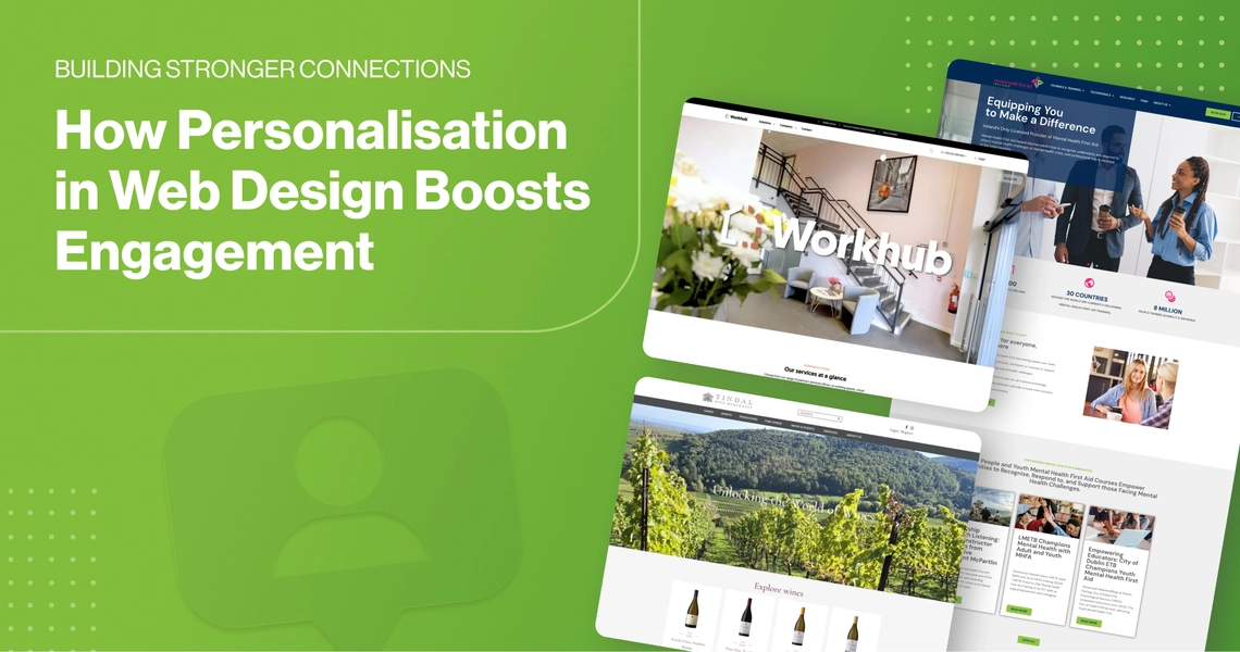 Graphic with the text “How Personalisation in Web Design Boosts Engagement” alongside examples of 2Cubed web design projects.