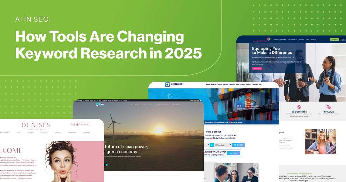 Collage of 2Cubed website projects alongside visuals representing AI-powered SEO and keyword research tools in 2025.