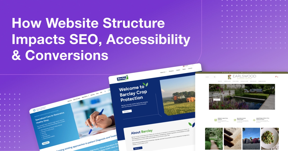 2Cubed_Blog_How Website Structure Impacts SEO, Accessibility & Conversions Purple background graphic with the headline “How Website Structure Impacts SEO, Accessibility & Conversions,” featuring three website project homepage designs.