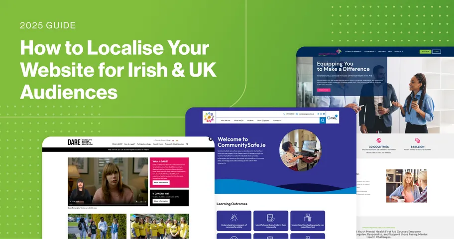 Graphic with text ‘How to Localise Your Website for Irish & UK Audiences’ on a green background featuring project examples.