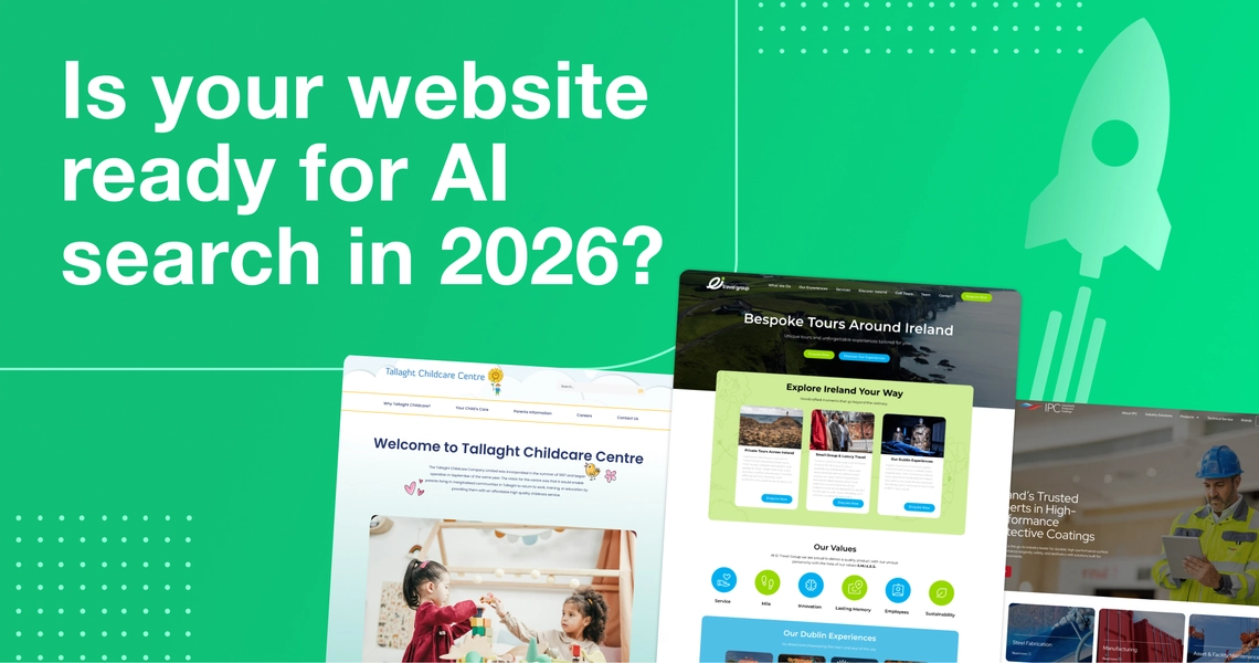 Graphic with text 'Is your website ready for AI search in 2026?' on a green background, showing three completed project homepages.