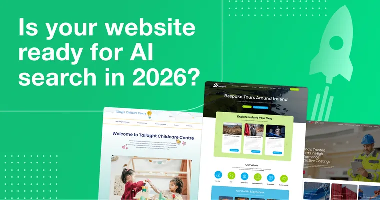 Graphic with text 'Is your website ready for AI search in 2026?' on a green background, showing three completed project homepages.