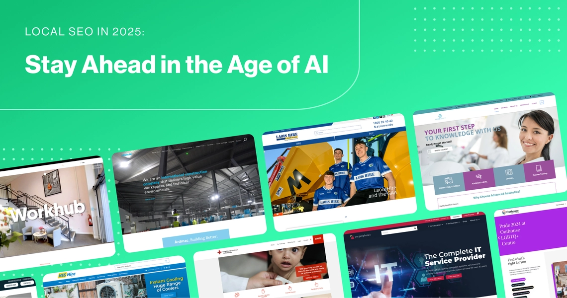 Multiple website homepages displayed on a green background with text reading “Local SEO in 2025: Stay Ahead in the Age of AI.”