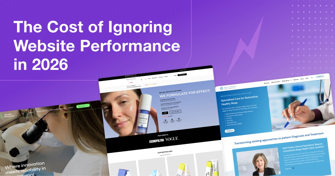 Purple background graphic with the headline “The Cost of Ignoring Website Performance in 2026” and three website project homepage previews.