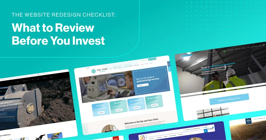 Collage of completed web projects with overlay text: 'The Website Redesign Checklist: What to Review Before You Invest.