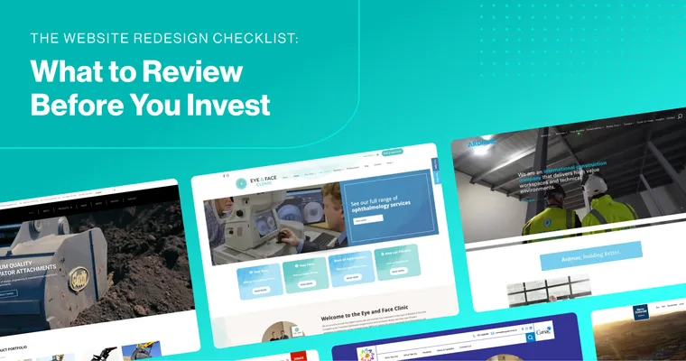 Collage of completed web projects with overlay text: 'The Website Redesign Checklist: What to Review Before You Invest.