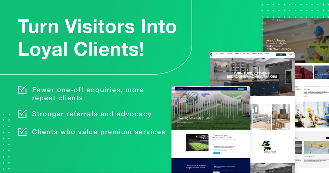 Green graphic with website project images and text reading “Turn visitors into loyal clients”