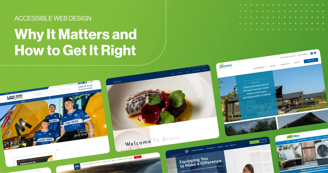 "Accessible design, why it matters and how to get it right" text graphic with examples of projects by 2Cubed.