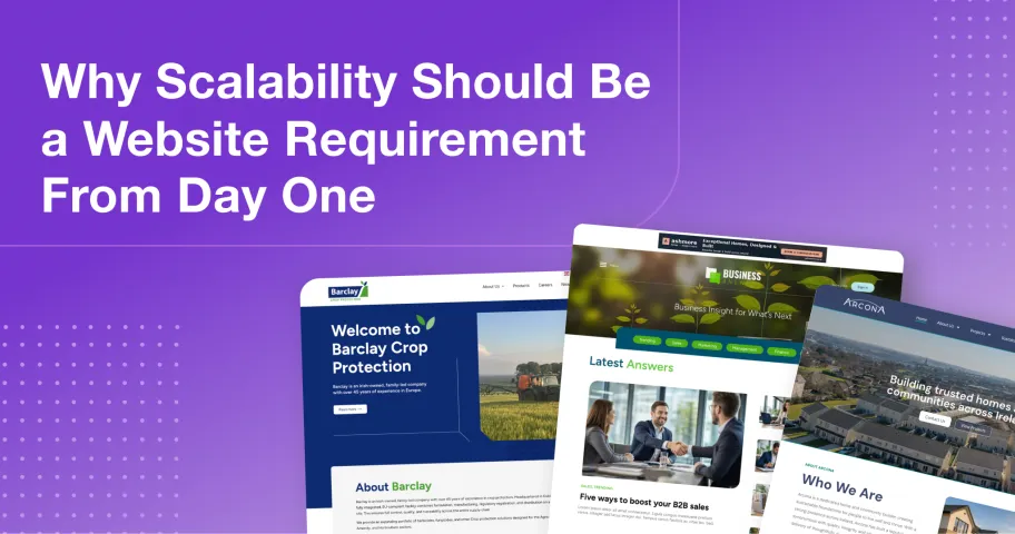 Purple background graphic featuring the headline “Why Scalability Should Be a Website Requirement From Day One,” with three website project homepage designs.
