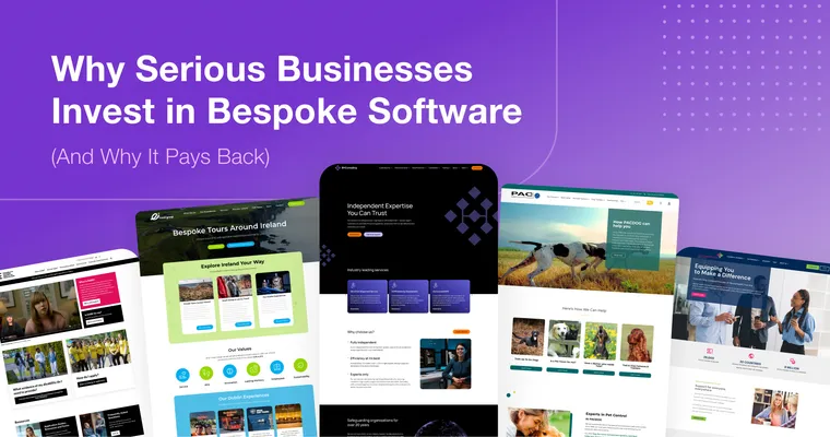 Purple background with screenshots of completed website homepages and text reading 'Why serious businesses invest in bespoke software.