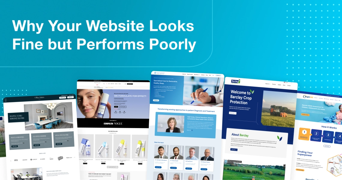 Blue background graphic with the headline “Why Your Website Looks Fine but Performs Poorly,” featuring multiple website project homepage designs.
