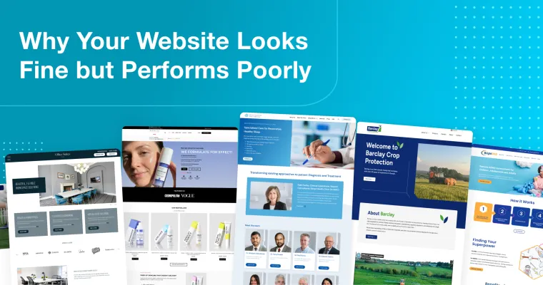 Blue background graphic with the headline “Why Your Website Looks Fine but Performs Poorly,” featuring multiple website project homepage designs.