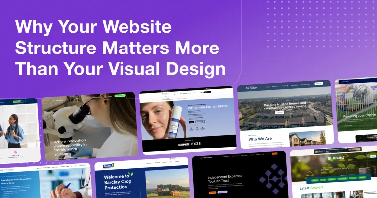 Purple background graphic with the headline “Why Your Website Structure Matters More Than Your Visual Design,” featuring website project homepage designs.