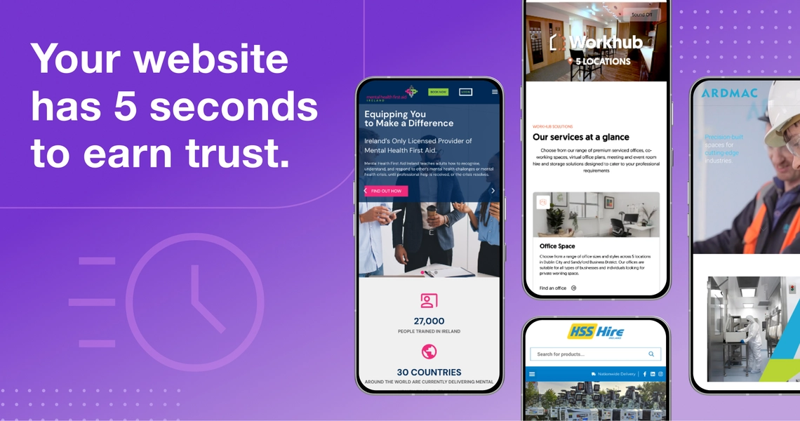 2Cubed_Blog_Your website has 5 seconds to earn trust. Graphic with text 'Your website has 5 seconds to earn trust' on a purple background, showing multiple homepage projects we’ve completed.