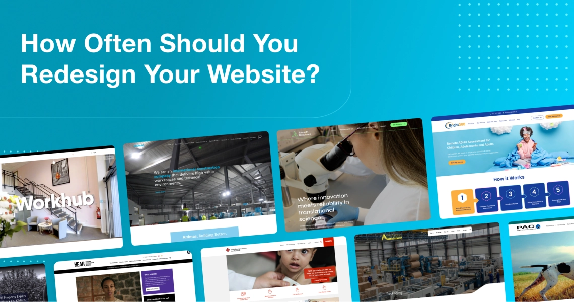 Graphic with the text “How Often Should You Redesign Your Website” on a blue background, featuring 2Cubed project website previews.