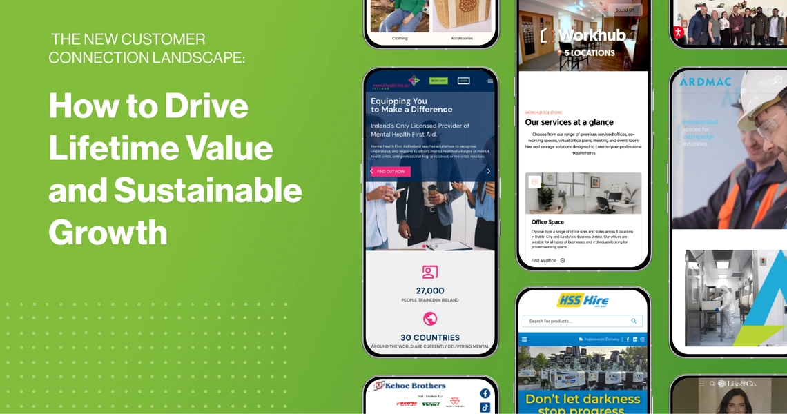 Graphic titled 'How to drive lifetime value and sustainable growth' featuring 2Cubed web design projects displayed in phone mockups.