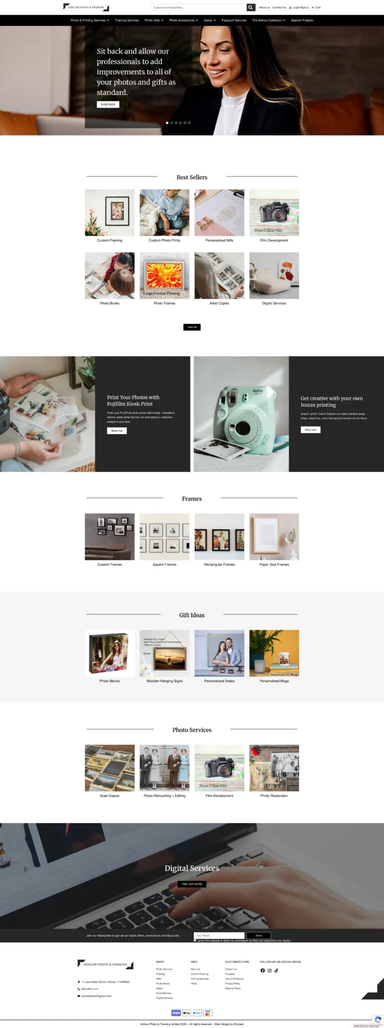 Screenshot of Arklow Photo & Framing homepage showing custom photo printing, framing, and personalised gifts.