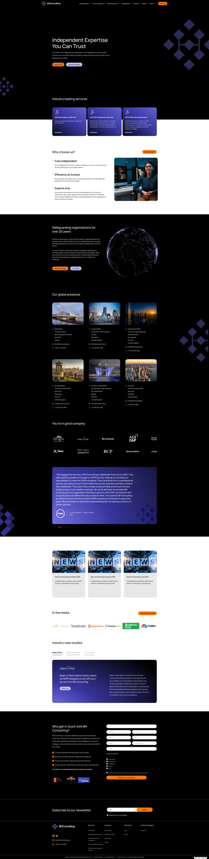 screencapture-bhconsulting-ie-2025-10-30-12_04_59 Homepage of BH Consulting website showcasing cybersecurity services, modern design, and clear navigation.