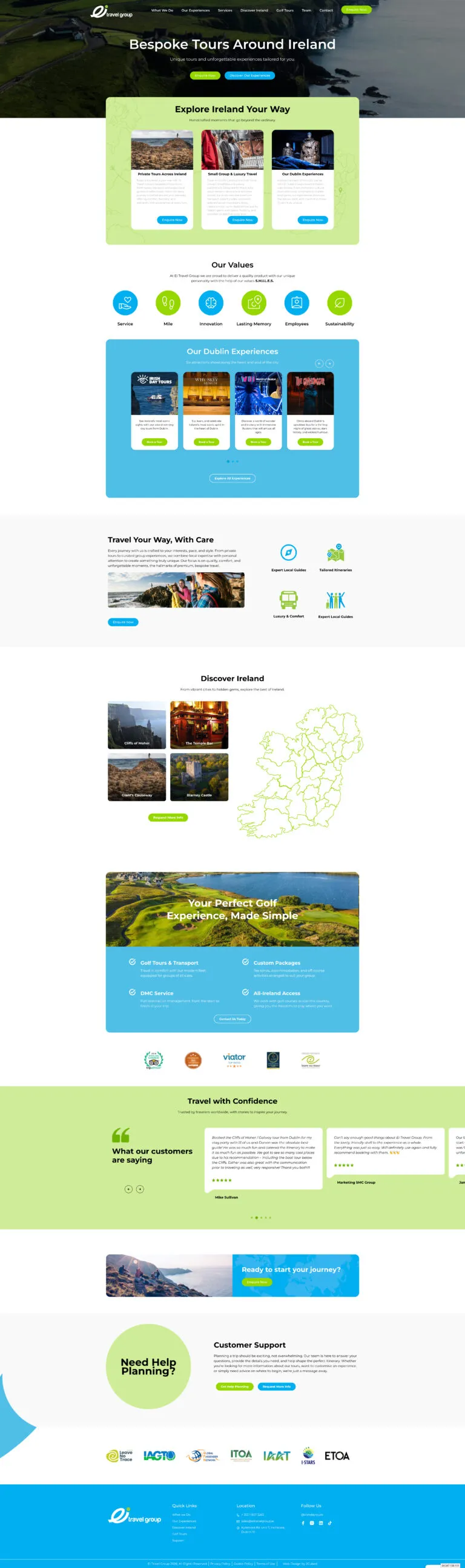 EI Travel Group website homepage showcasing bespoke tours, luxury travel experiences, and private tours across Ireland