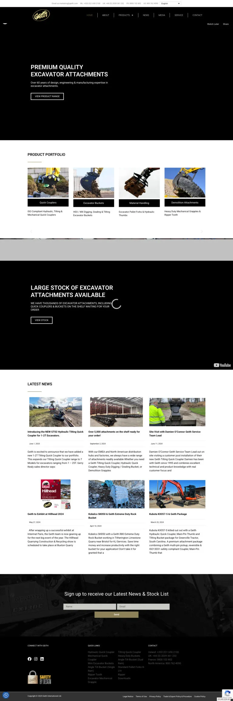 Geith website homepage showcasing excavator attachments with improved speed, 360° product views, and multilingual options.