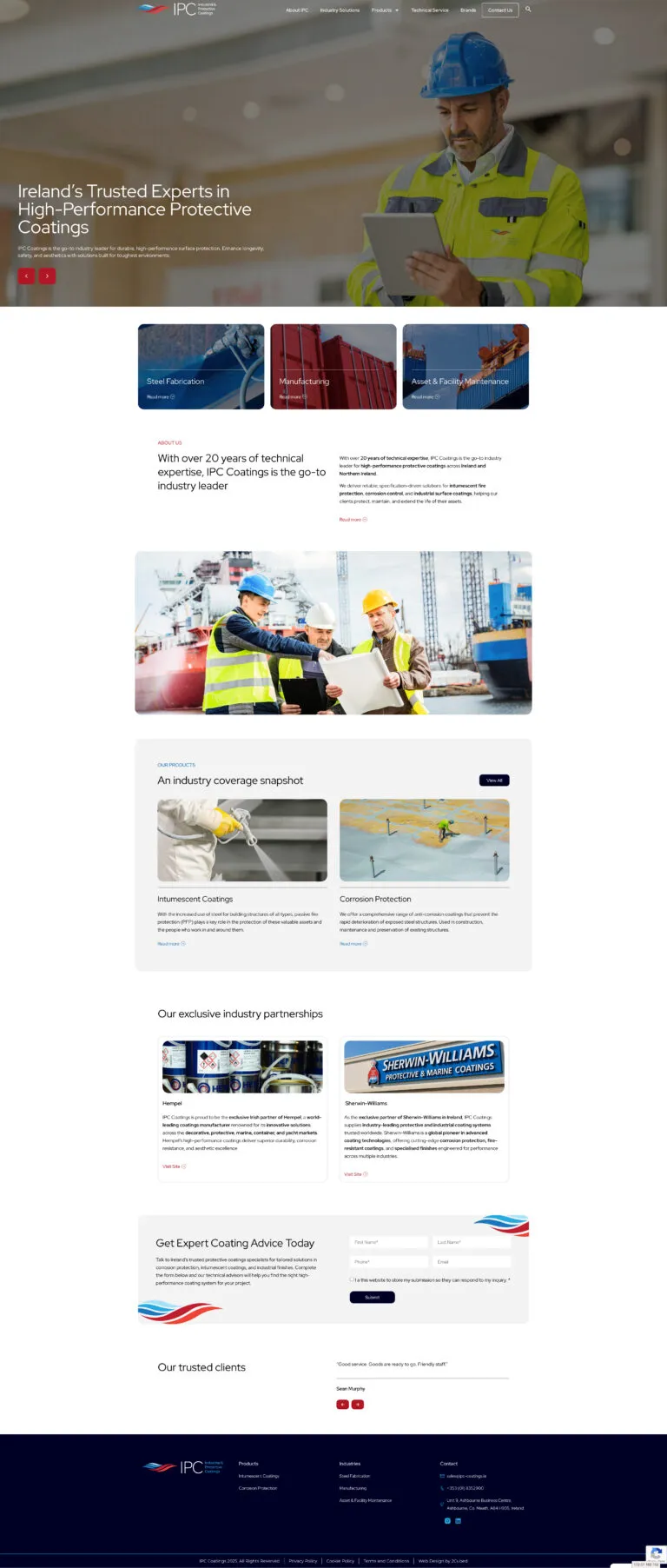 Screenshot of the IPC Coatings homepage showcasing industrial painting and protective coating services with a clean layout and high-durability finish imagery.