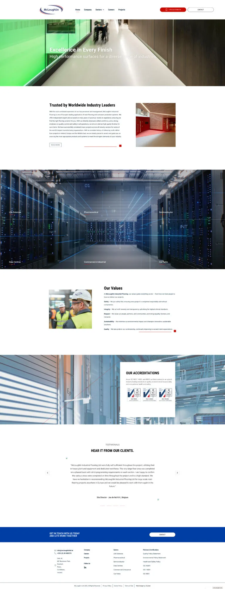 Screenshot of McLoughlin Ltd homepage displaying industrial resin flooring and corrosion protection services.