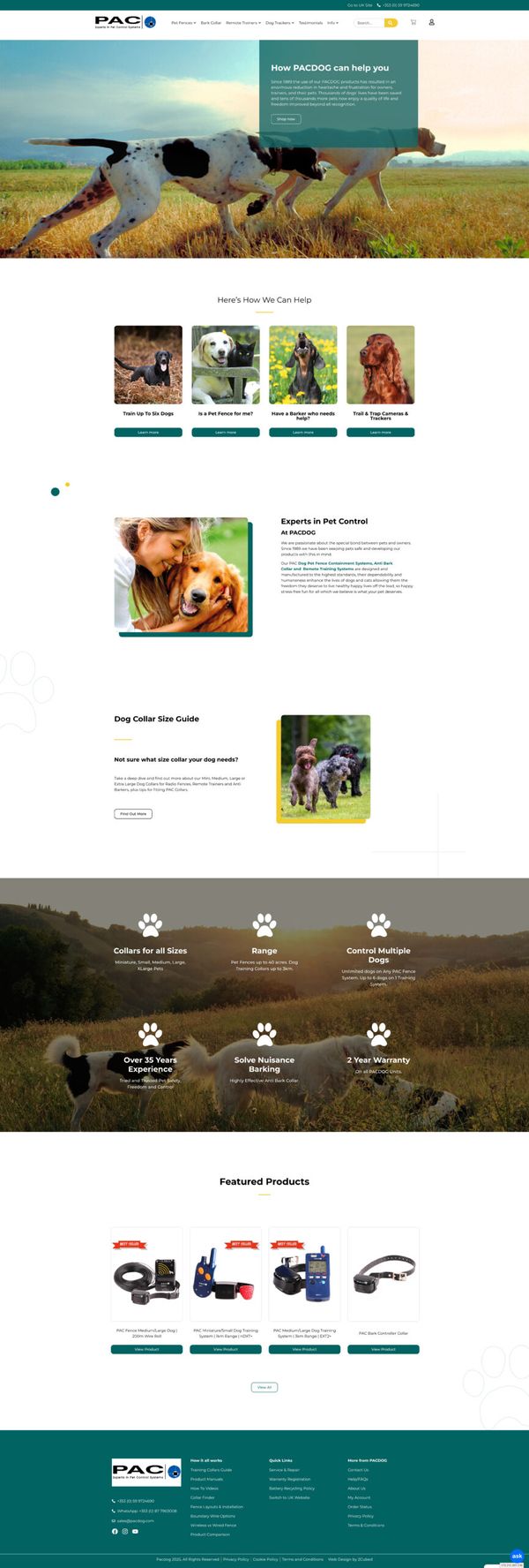 Screenshot of PACDOG homepage showing pet containment, training, and safety products.