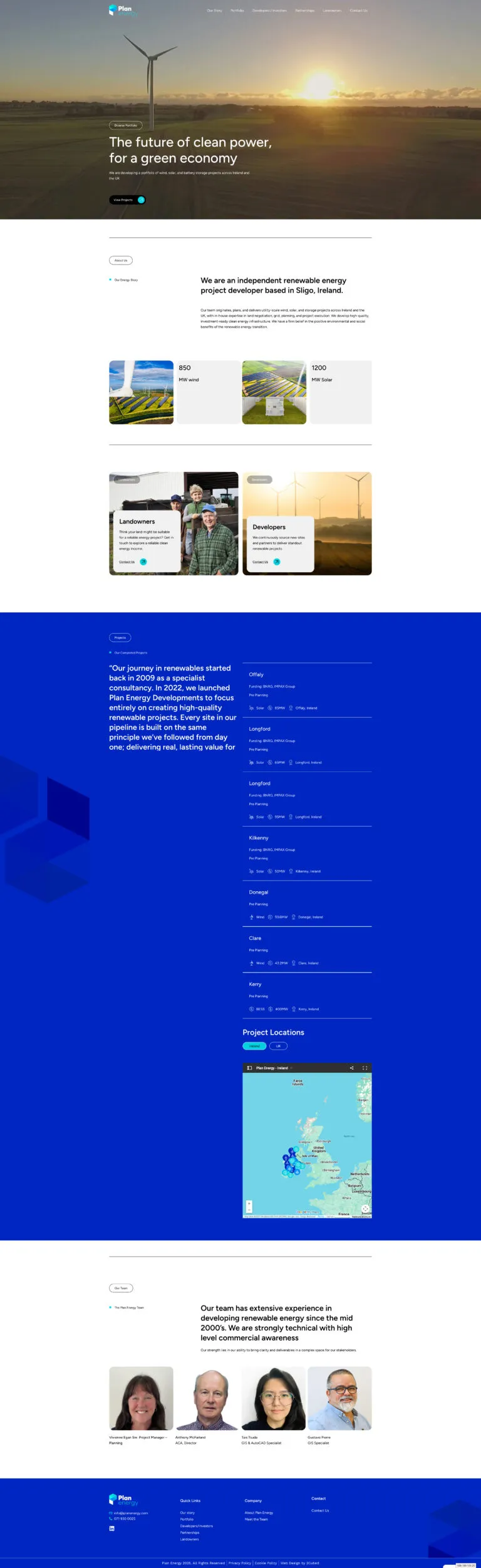 Screenshot of Plan Energy Developments homepage showing company branding, navigation menu, and featured renewable energy projects.