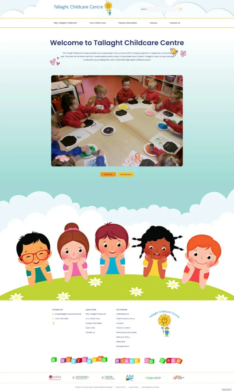 Homepage of Tallaght Childcare Centre website showing community-focused childcare services and parent information sections