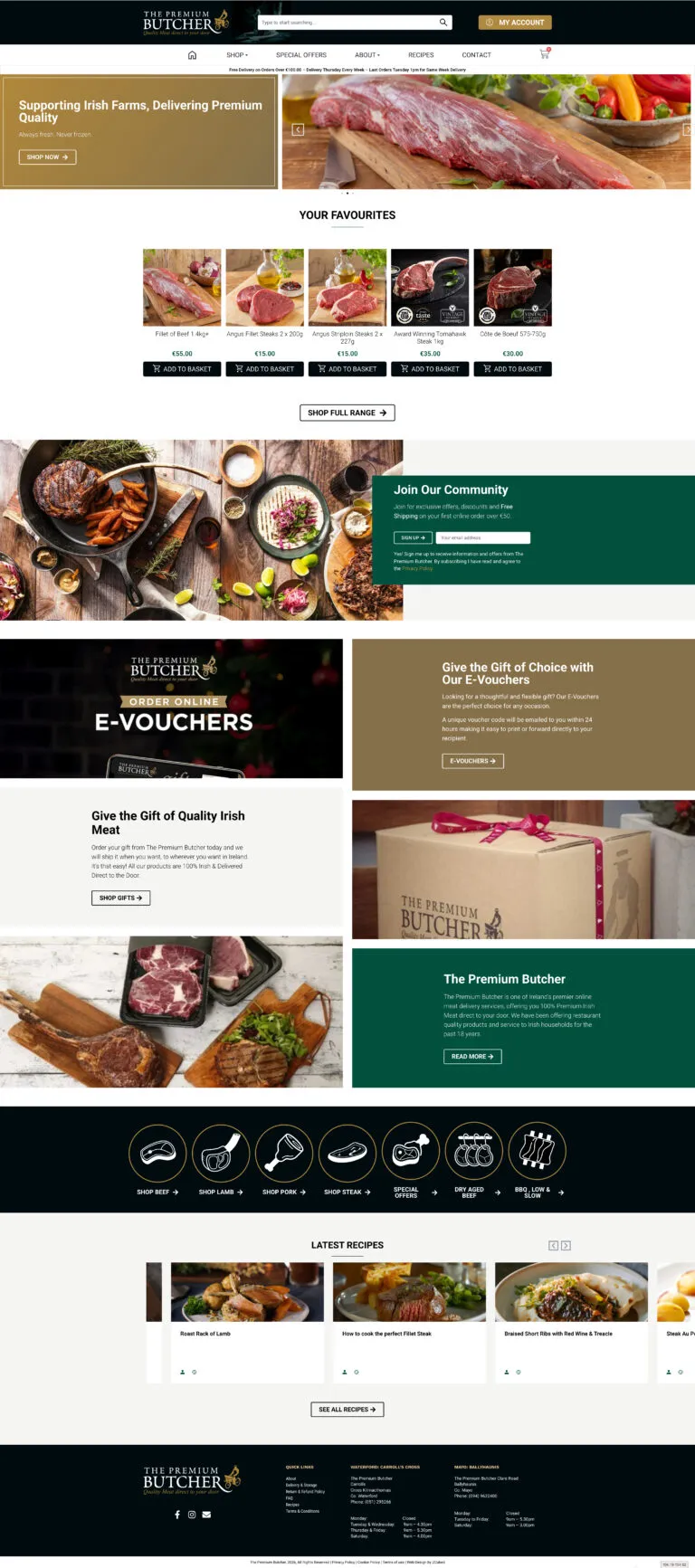 The Premium Butcher eCommerce website homepage showcasing premium Irish meat, gifts and recipes