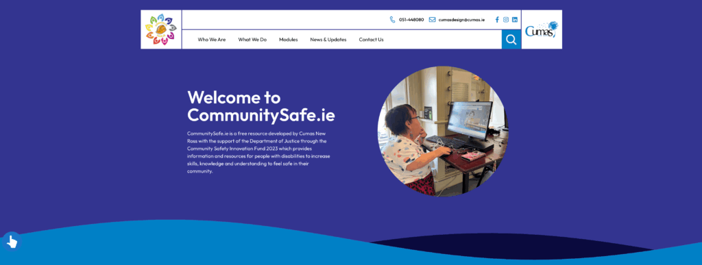 Top banner of the CommunitySafe website showing a welcoming, accessible interface for users with disabilities.