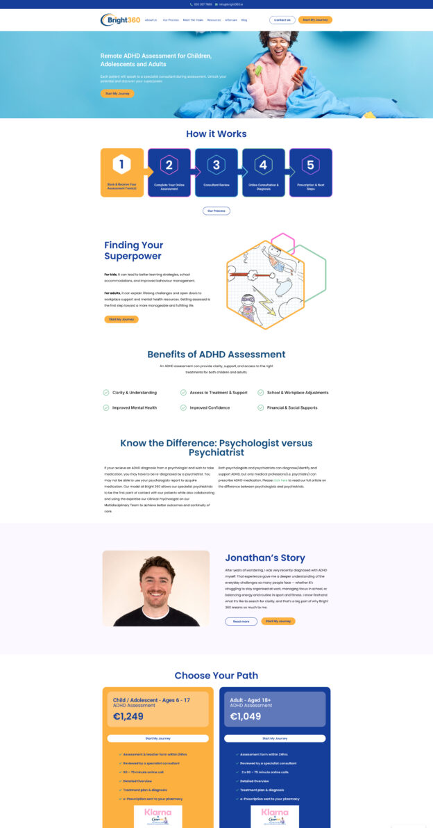 Bright 360 homepage displaying specialist-led remote ADHD assessment services, clear patient pathways, and calls to start an online assessment.